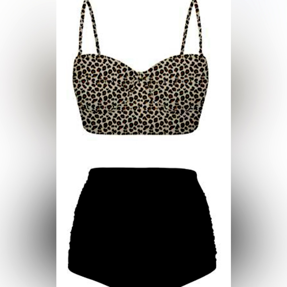 Women's Vintage Swimsuit Black Leopard Retro Tummy Control High Waist Bikini M